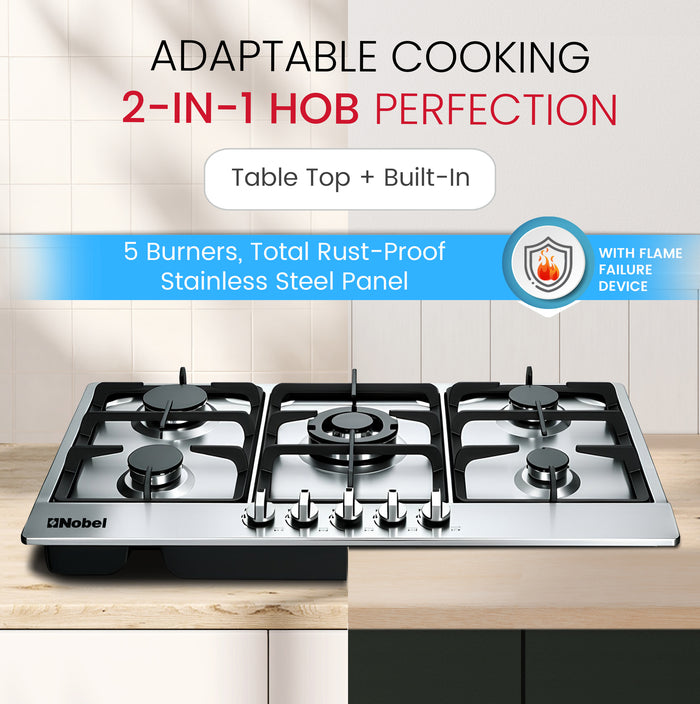 Nobel Gas Hobs Stainless Steel 90 Cm 5 Gas Burners Ffd NBH9501