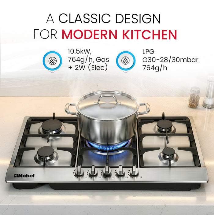 Nobel Gas Hobs Stainless Steel 90 Cm 5 Gas Burners Ffd NBH9501