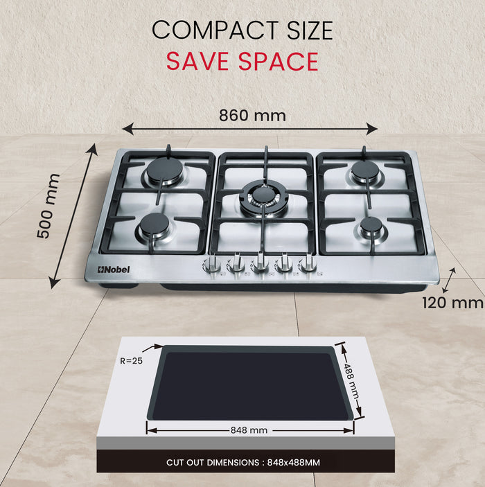 Nobel Gas Hobs Stainless Steel 90 Cm 5 Gas Burners Ffd NBH9501
