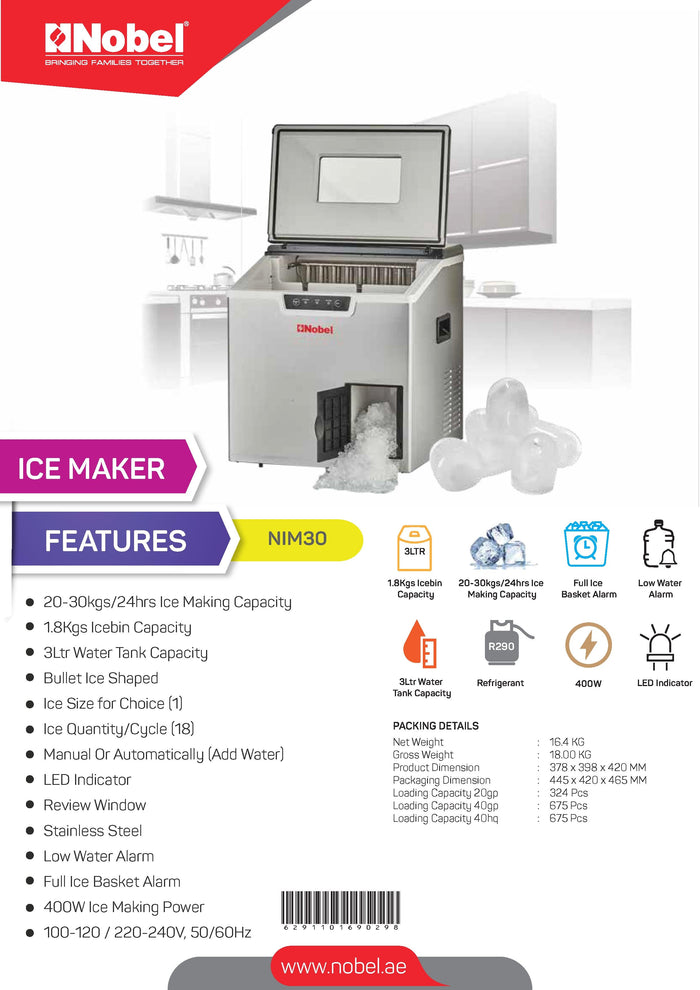 Nobel Ice Cube Maker Silver 20-30Kg 3L Water Tank Capacity NIM30
