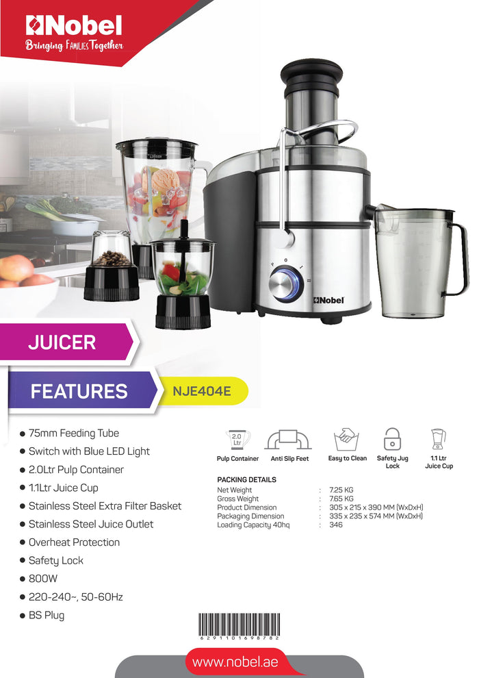 Nobel Juicer Stainless Steel 2 Litre 800W Silver Color NJE404E
