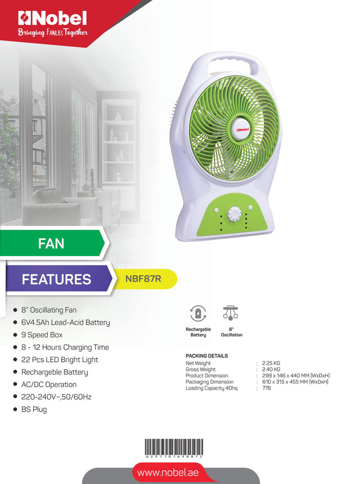 Nobel Rechargeable Box Fan White 8 inch Fan Blade LED Light 9 Speed NBF87R