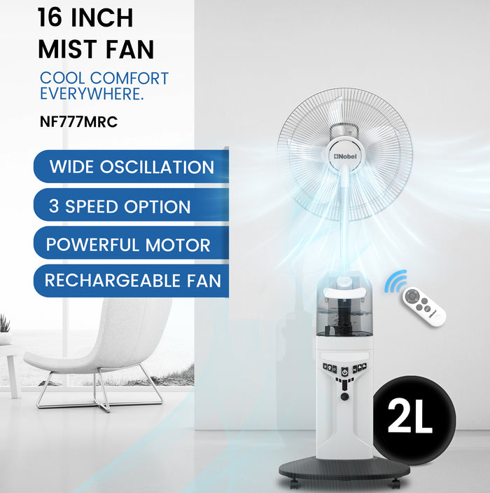 NOBEL Rechargeable Mist Fan White 16 inch Fan Blade NF777MRC