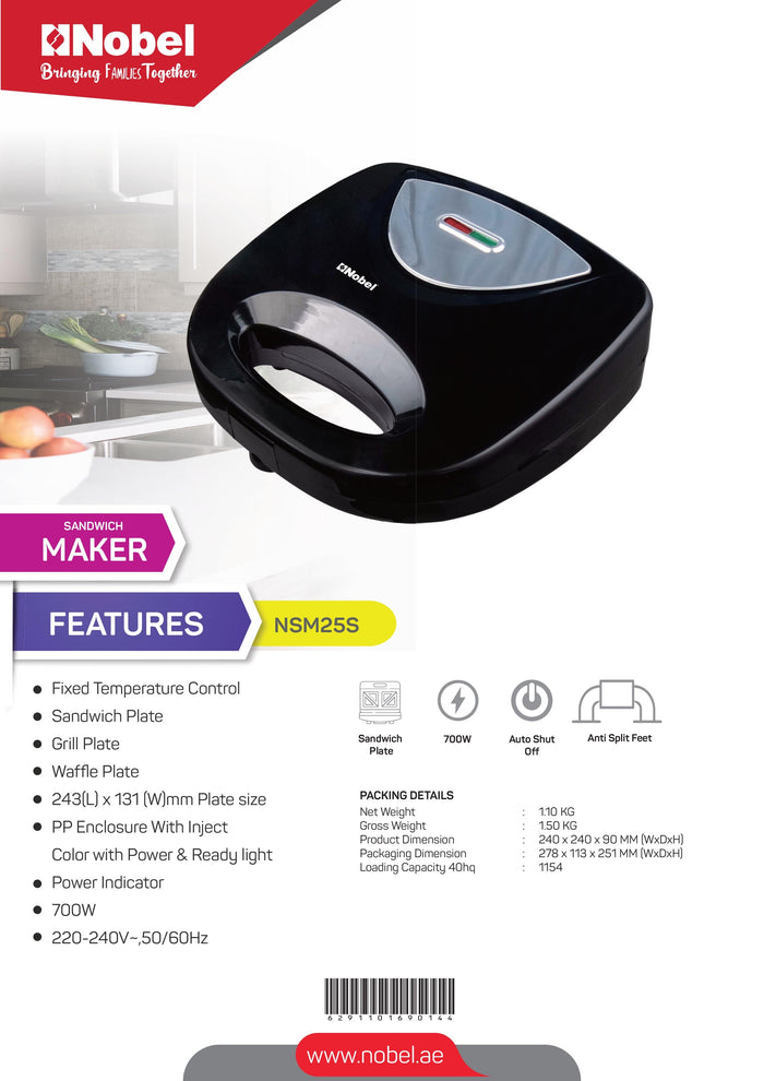 Nobel Sandwich Maker 700W Black/Silver Color NSM25S