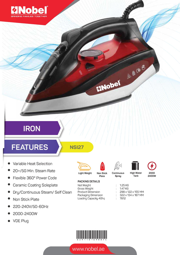 Nobel Steam Press Iron Red Ceramic Sole Plate  NSI27