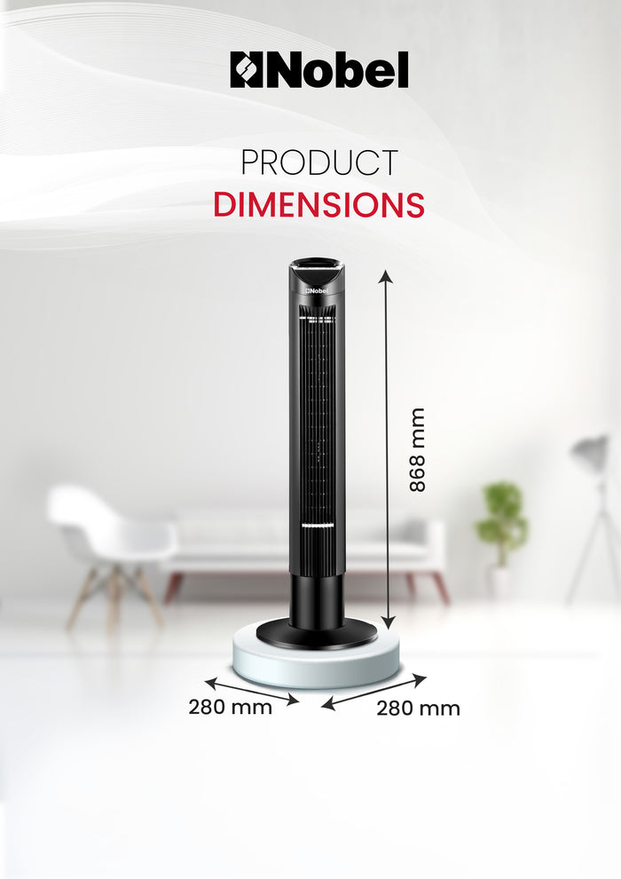 Nobel Tower Fan 3-Speed, Automatic Oscillation, 15-Hour Timer, Ionizer, LED Display NTF300R Black