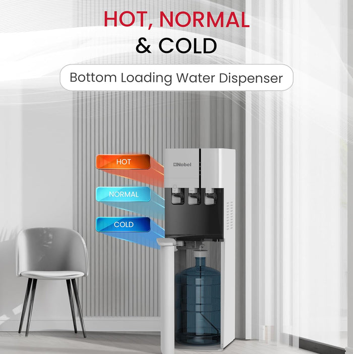 Nobel Water Dispenser, 3 Taps, Hot, Normal, Cold, Bottom Loading, Child Safety Lock NWD800BL White