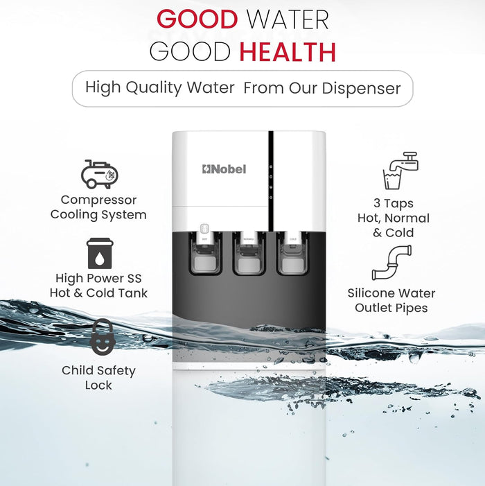 Nobel Water Dispenser, 3 Taps, Hot, Normal, Cold, Bottom Loading, Child Safety Lock NWD800BL White