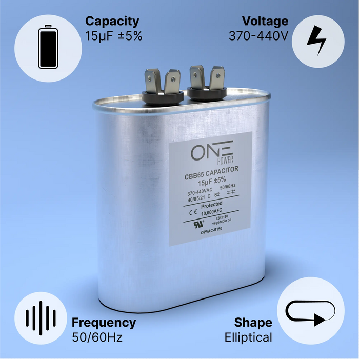 ONE Power 15-MFD, 370V or 440V Single Run A/C Capacitor 15 uF CBB65B Air Conditioner Capacitors for AC Unit Fan Motor Start or Heat Pump or Condenser Straight Cool (OPCSR15) One Products AC Capacitors