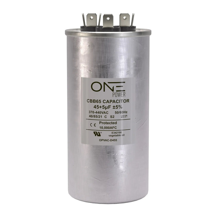 ONE Power 45/5-MFD, 370V or 440V Dual Run A/C Capacitor 45+5 uF CBB65B Air Conditioner Capacitors for AC Unit Fan Motor Start or Heat Pump or Condenser Straight Cool (OPCDR455) One Products AC Capacitors