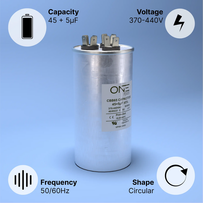 ONE Power 45/5-MFD, 370V or 440V Dual Run A/C Capacitor 45+5 uF CBB65B Air Conditioner Capacitors for AC Unit Fan Motor Start or Heat Pump or Condenser Straight Cool (OPCDR455) One Products AC Capacitors