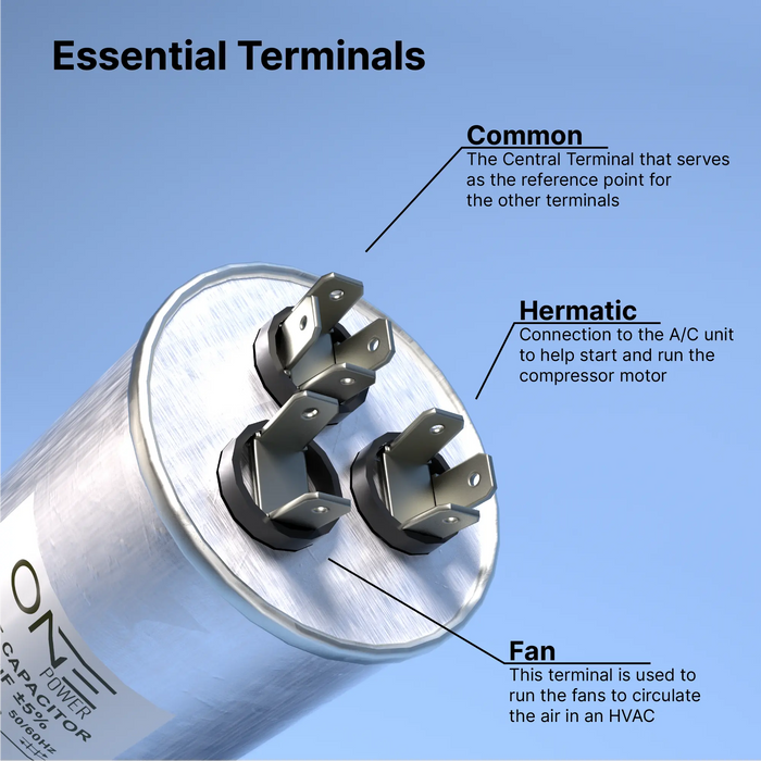 ONE Power 45/5-MFD, 370V or 440V Dual Run A/C Capacitor 45+5 uF CBB65B Air Conditioner Capacitors for AC Unit Fan Motor Start or Heat Pump or Condenser Straight Cool (OPCDR455) One Products AC Capacitors