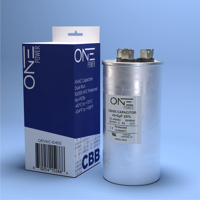 ONE Power 45/5-MFD, 370V or 440V Dual Run A/C Capacitor 45+5 uF CBB65B Air Conditioner Capacitors for AC Unit Fan Motor Start or Heat Pump or Condenser Straight Cool (OPCDR455) One Products AC Capacitors