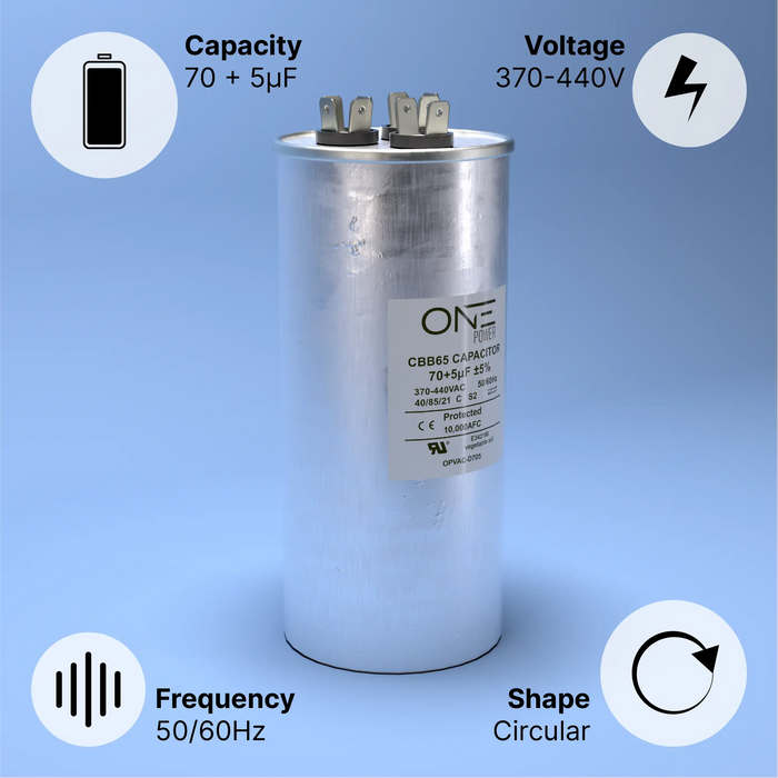 ONE Power 70/7.5-MFD, 370V or 440V Dual Run A/C Capacitor 70+7.5 uF CBB65B Air Conditioner Capacitors for AC Unit Fan Motor Start or Heat Pump or Condenser Straight Cool (OPCDR705) One Products AC Capacitors