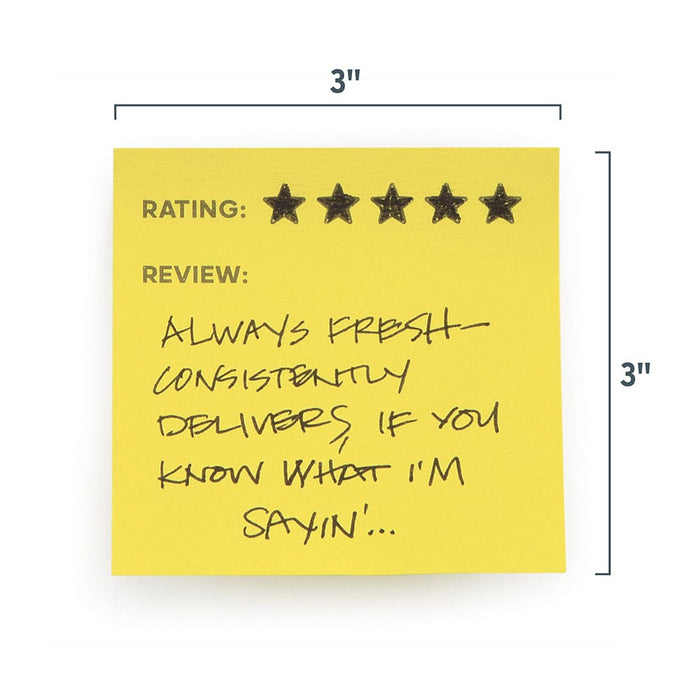 A single yellow sticky notes showing product dimensions: 3x3"