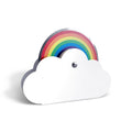 A pizza cutter that looks like a cloud and rainbow. The handle is a cloud and the stainless steel blade is printed with a seven color rainbow