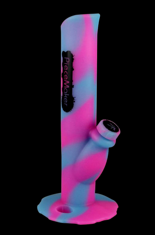 Pink and blue silicone water pipe for smoking cannabis.