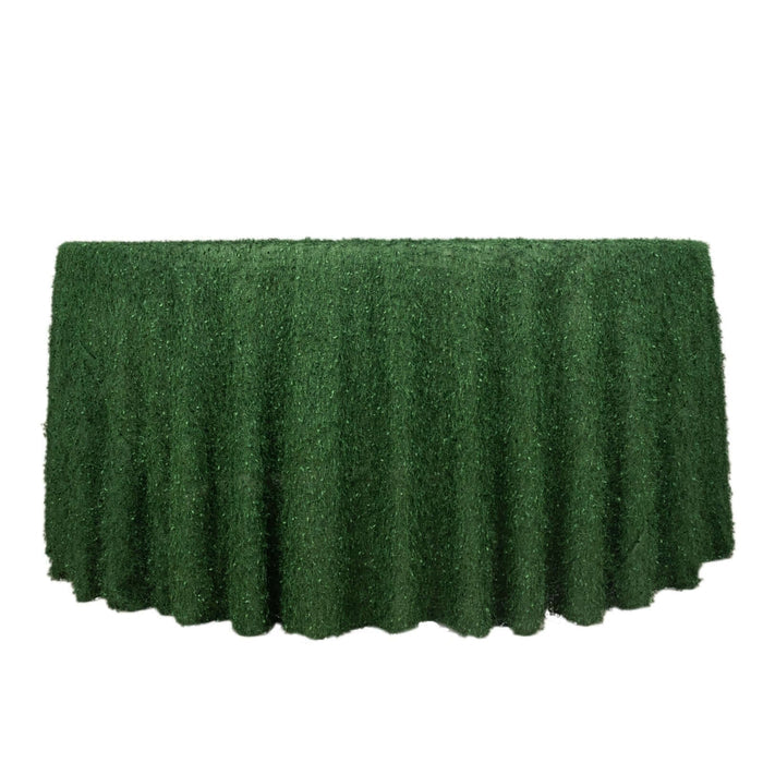Green table skirt with a ruffled design for events and parties.