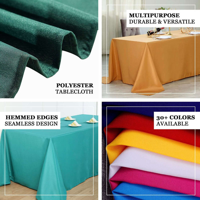 Polyester tablecloth in multiple colors and styles, showcasing hemmed edges and versatility.