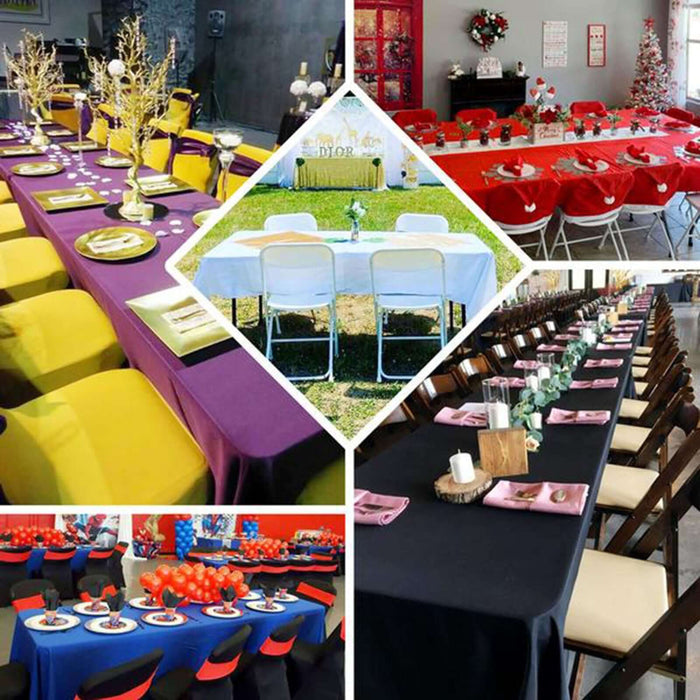 Decorated tables for events with various colors and themes.