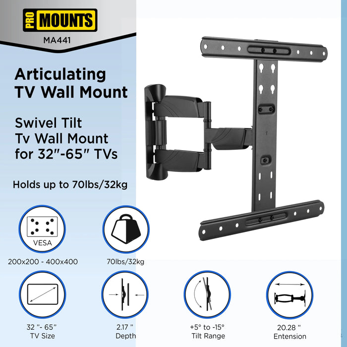 ProMounts Articulating TV Wall Mount for 32”-65” Holds up to 70lbs (MA4401) ProMounts Articulating Mount