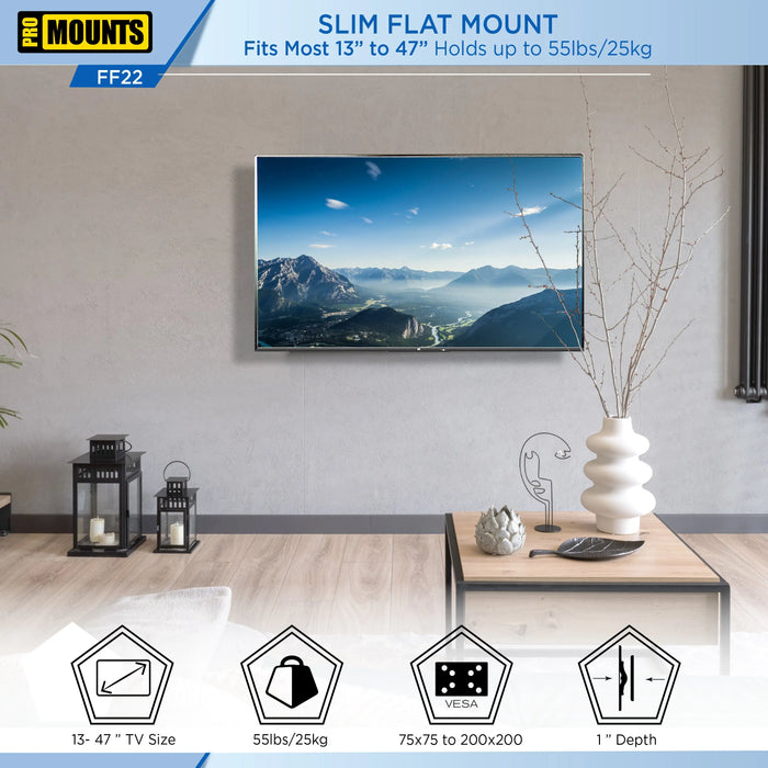 ProMounts Flat / Fixed TV Wall Mount for 13" to 47" TVs, Holds up to 55lbs \ ProMounts Flat Mount