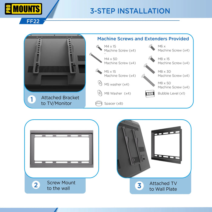 ProMounts Flat / Fixed TV Wall Mount for 13" to 47" TVs, Holds up to 55lbs \ ProMounts Flat Mount