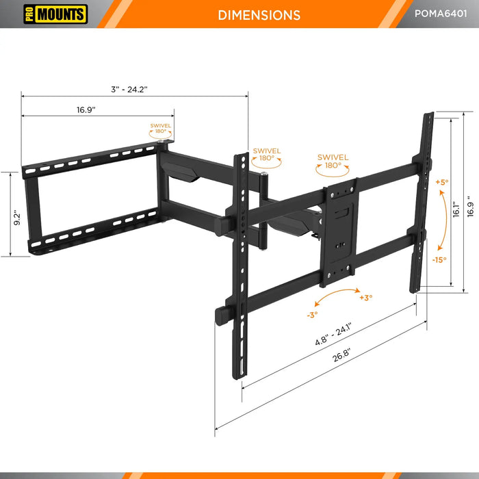 ProMounts Premium Indoor and Outdoor Articulating TV Mount TV Mount with Extendable Arm for 32"-75" TVs Holds up to 132lbs ProMounts Outdoor Articulating Mount