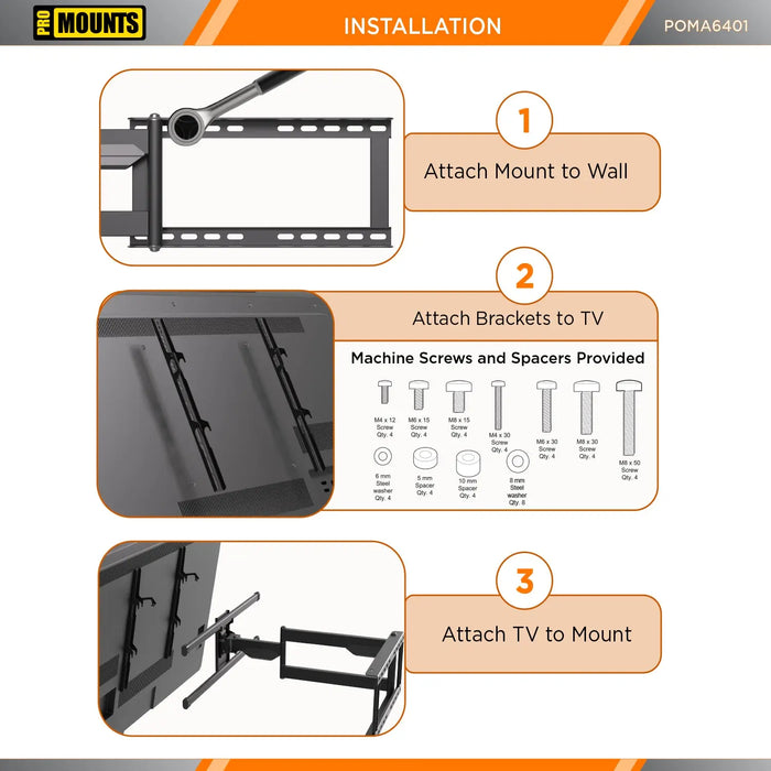 ProMounts Premium Indoor and Outdoor Articulating TV Mount TV Mount with Extendable Arm for 32"-75" TVs Holds up to 132lbs ProMounts Outdoor Articulating Mount