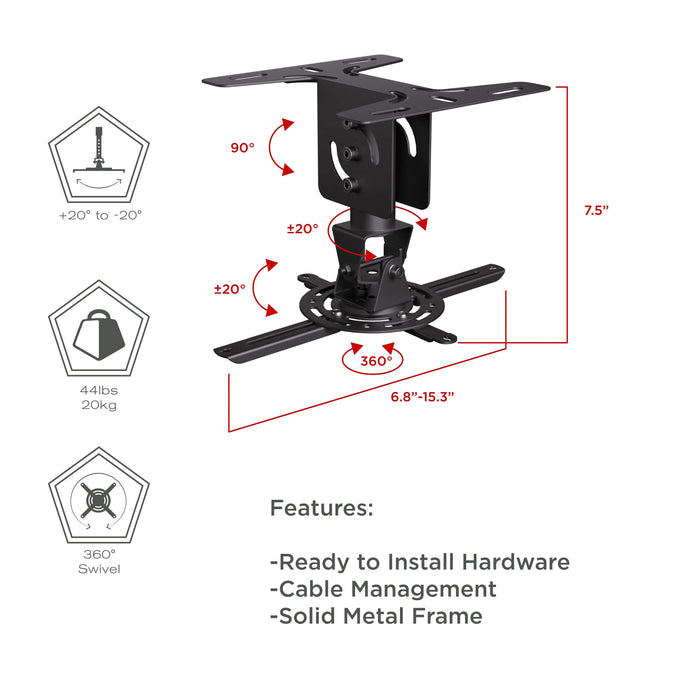 ProMounts Universal Ceiling Drop Down Projector Mount Bracket for Flat or Sloped Ceiling, Compatible with LCD/DLP Projector, Tilts ±20°/Swivel 360° and Suspends up to 7.5" (UPR-PRO150) ProMounts Projector Mount