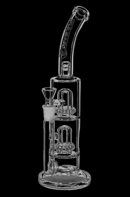 Front view of the Pulsar "Abe Lincoln" Double Domed Showerhead Perc Bong, showcasing its clear glass construction and showerhead perc design.