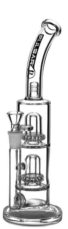 Front view of the Pulsar "Abe Lincoln" Double Domed Showerhead Perc Bong, featuring a clear glass build and intricate perc diffusion chamber.