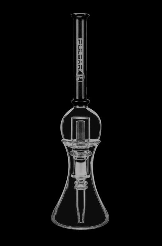 Front view of the Pulsar Bubble Vapor Vessel with Quartz Tip & Stand, showcasing its clear glass construction and unique bulbous shape.