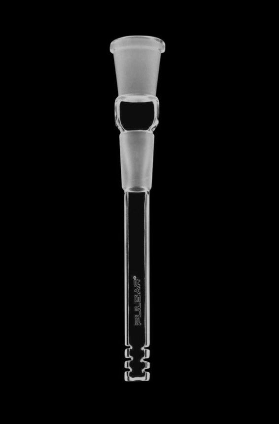 A close-up, angled view of the Pulsar Diffused Downstem, showcasing its clear glass construction and cylindrical shape.