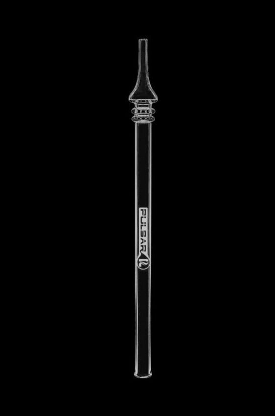 A close-up, angled view of the Pulsar Quartz Concentrate Vapor Straw Collector, showing its clear glass construction.