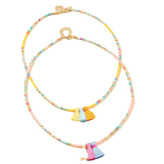 Rainbow Bead Tassel Charm Necklace