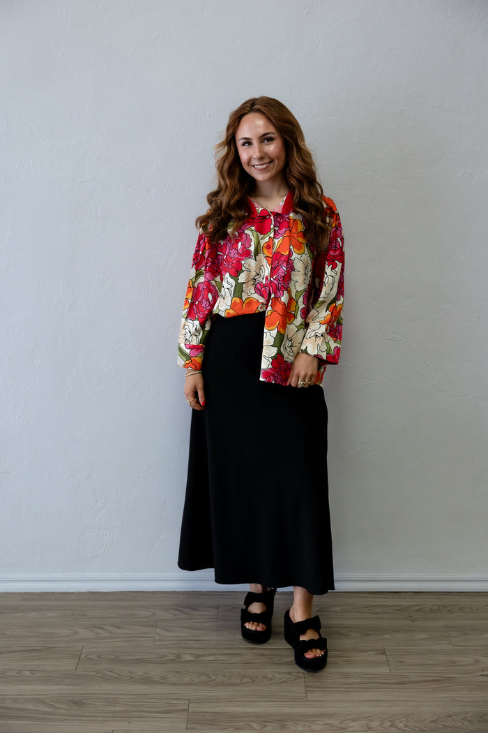 Red Solid Contrast Accent Floral Top