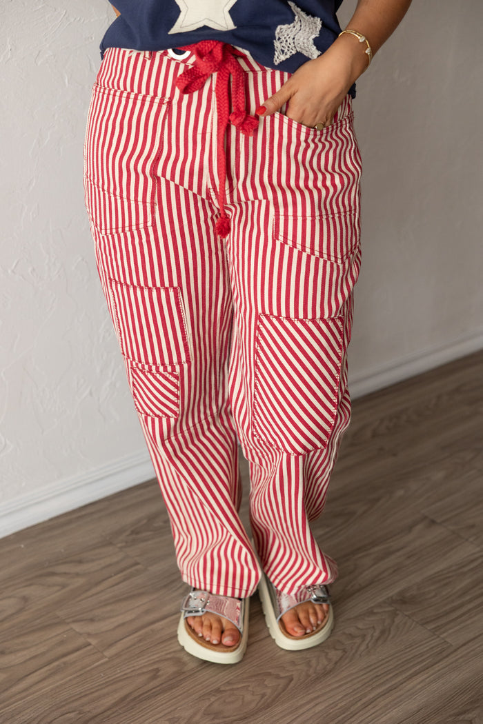 Rope Me In Relaxed Fit Stripe Pants Red