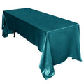 Teal satin tablecloth draped over a rectangular table