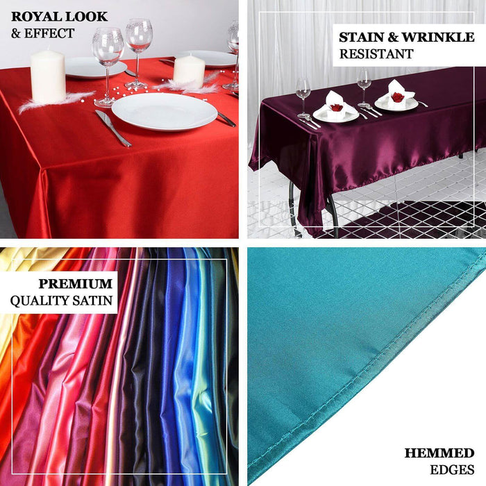 Premium satin tablecloths in various colors, showcasing stain and wrinkle resistance.