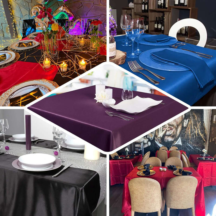 Variety of elegant table settings with colorful tablecloths and decorations.