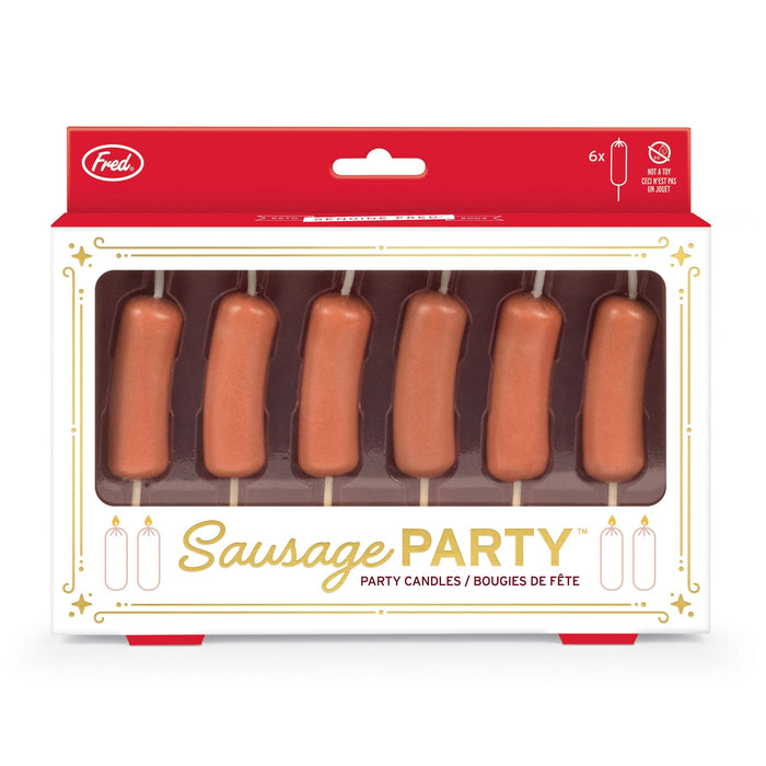 A set of 6 party candles that look like cocktail wieners in packaging