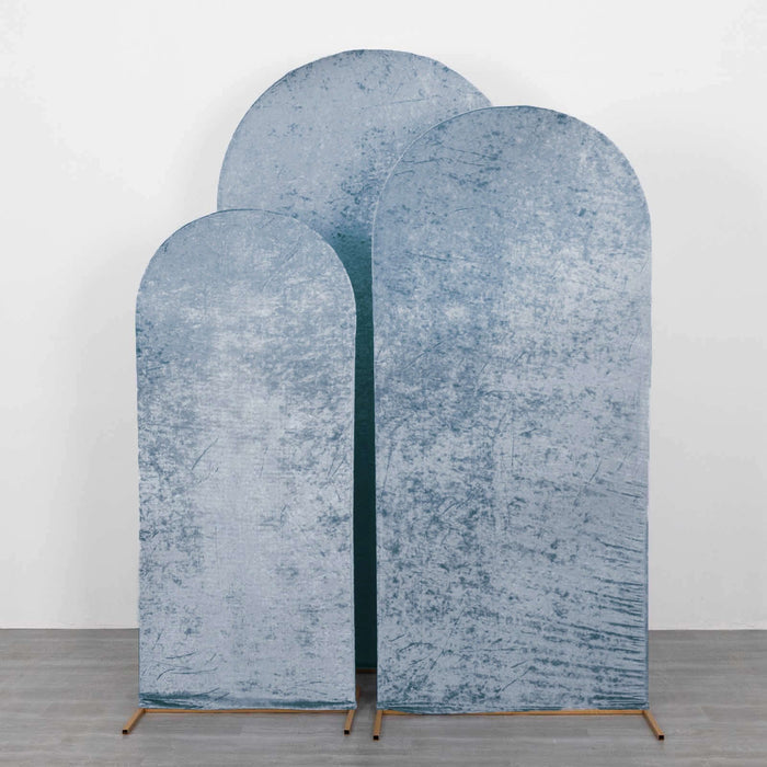 Blue fabric backdrops in arch shapes, varying sizes for photography use.