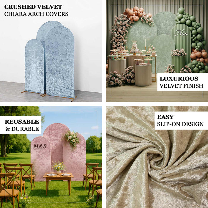 Chiara arch covers in crushed velvet, reusable, durable, with luxurious finish.