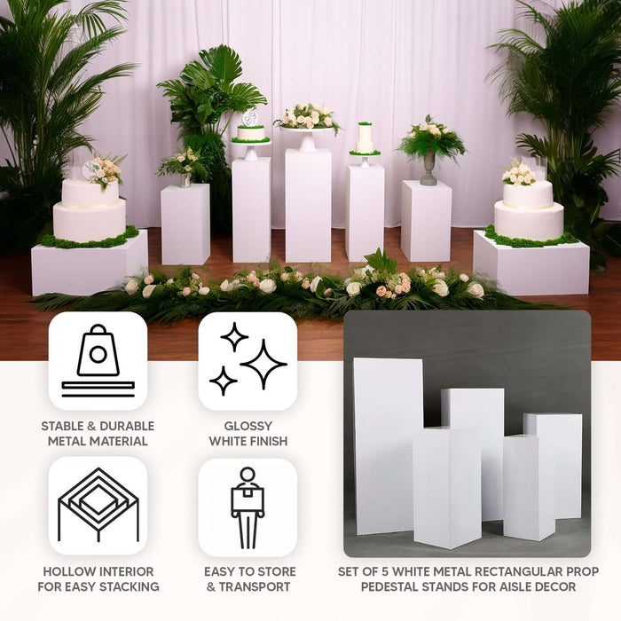 Set of 5 white metal rectangular pedestal stands for aisle decor