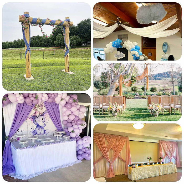 Variety of event decorations including arches, balloon setups, and table displays.