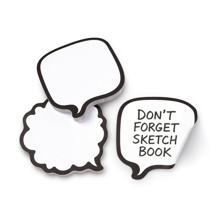 Two speech bubble-shaped sticky note pads with one saying 'Don't forget sketch book' on a white background