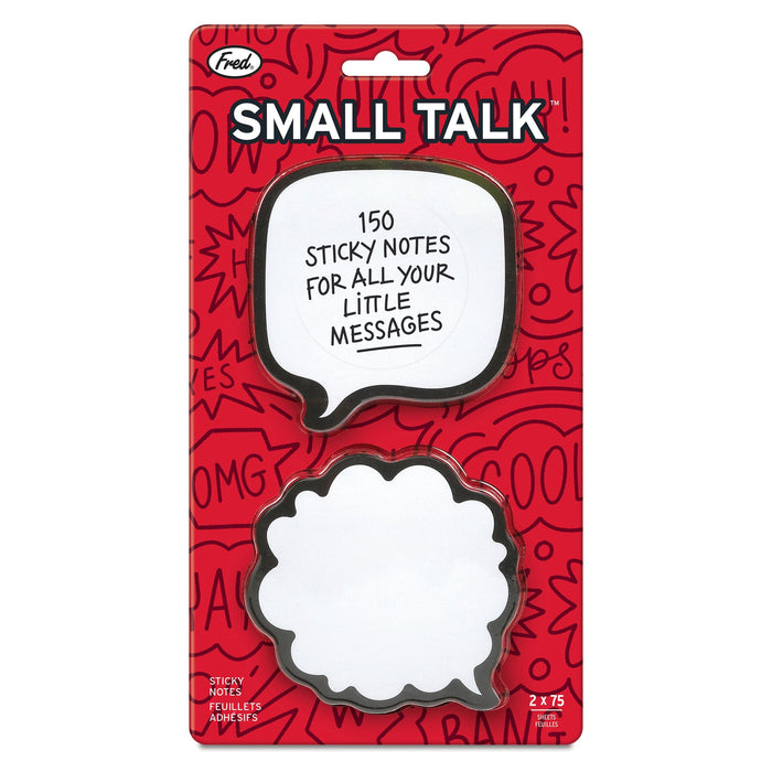 Packaged 'Small Talk' sticky notes with a red background and white text.