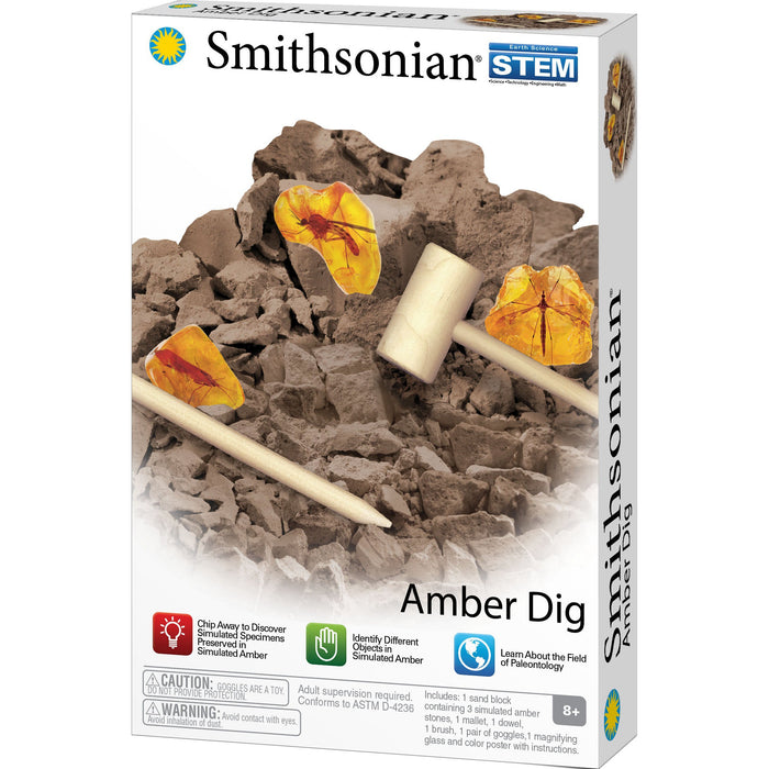 The Smithsonian Amber Dig Value Set by Smithsonian includes toy excavation tools and simulated amber with insects for hands-on paleontology fun. Ideal for ages 8+.
