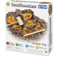 The Smithsonian Amber Dig by Smithsonian includes tools, simulated amber with insects, and brown dig material. The box features educational icons and offers a hands-on STEM paleontology experience for ages 8+.